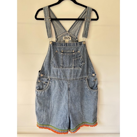 Falls Creek Pants - Falls Creek Shortalls Womens Large Blue Denim Overall Shorts Hula Fringe Trim